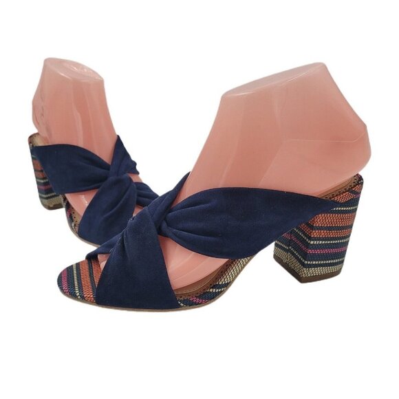 1901 Dasha Sandal Blue Leather Striped Block Heel Peep Toe Women's Size 7M - Picture 1 of 11